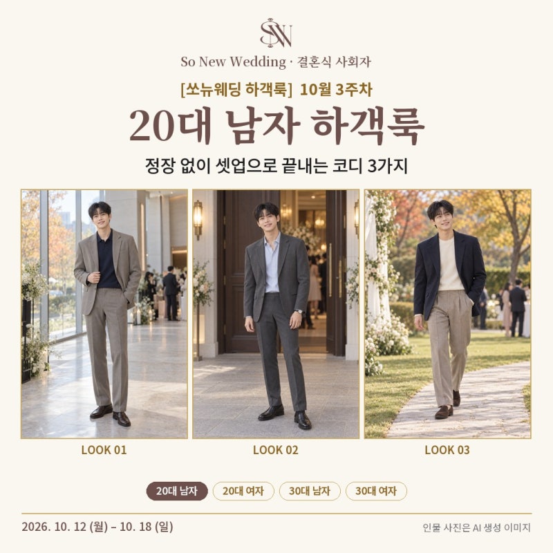 [쏘뉴웨딩 하객룩] 10월 3주차 20대 남자 하객룩, 정장 없이 셋업으로 끝내는 코디 3가지