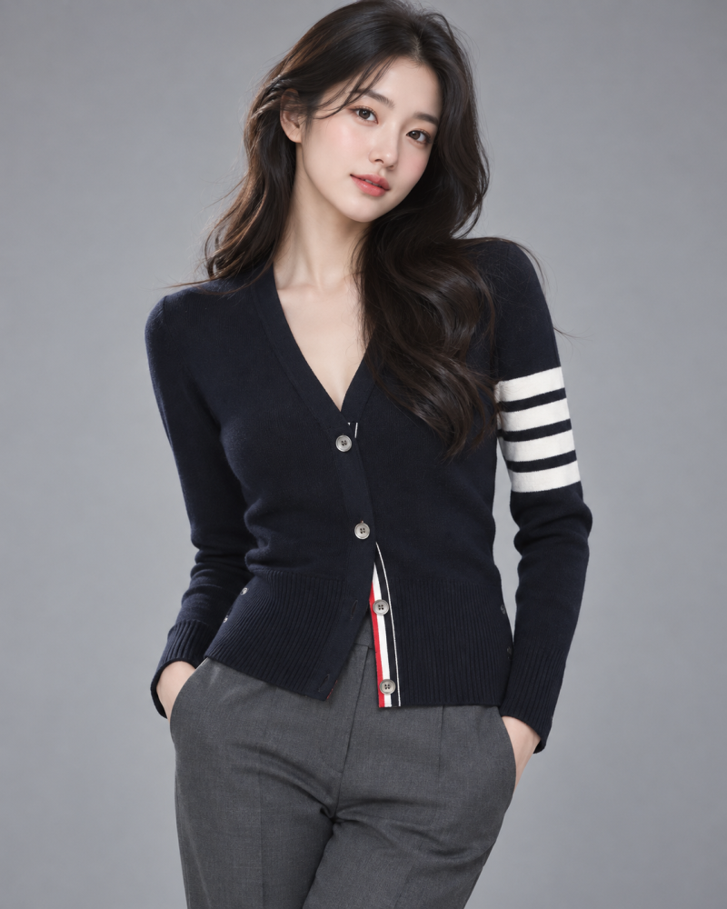 톰브라운 클래식 캐시미어 4바 브이넥 여성 가디건 다크 그레이 RWB 디테일