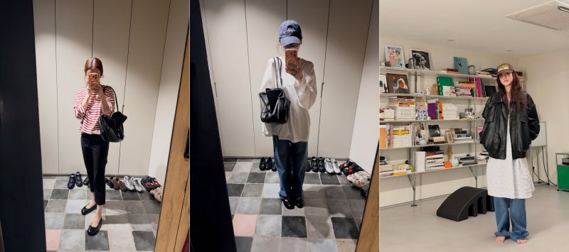 툭 걸친 여성 가죽자켓에 플랫슈즈 신고 아르쉐 숄더백 하나 정려원 패션 사복 옷 신발 가방....