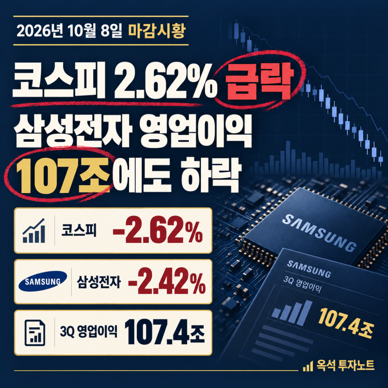 2026년 10월 8일 국내 증시 마감시황｜코스피 2.62% 급락, 삼성전자 영업이익 107조에도 주가가 ....