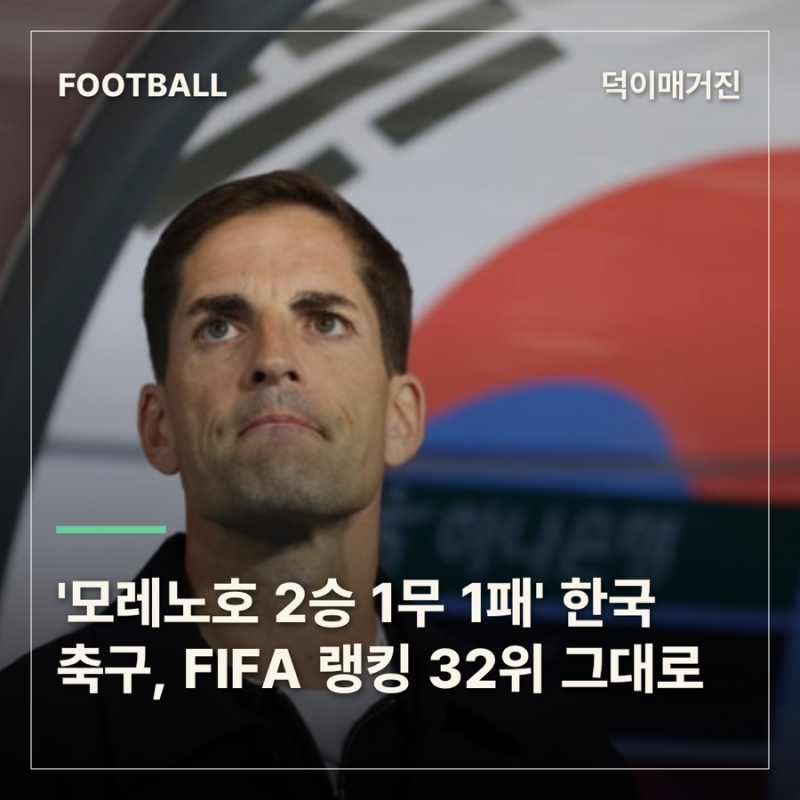 '모레노호 2승 1무 1패' 한국 축구, FIFA 랭킹 32위 그대로