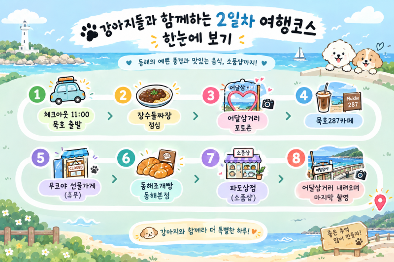 양양 애견동반 1박2일 여행코스 ②｜장수돌짜장·묵호287카페·동해조개빵·파도상점 후기