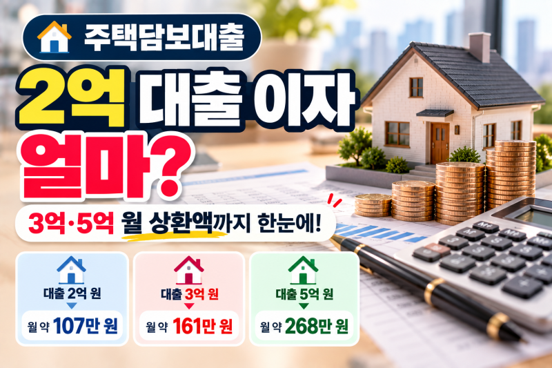 주담대 2억 대출 이자 얼마? 금리 5% 기준 3억·5억 월 상환액 계산 (+30년)