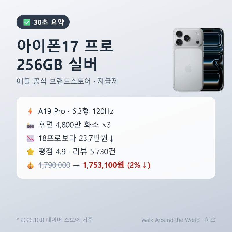 아이폰17프로 자급제 256GB 후기 | 18프로 차이·할인가·구매 타이밍 정리