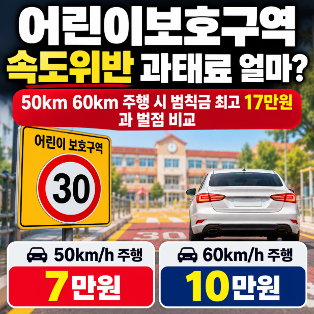 어린이보호구역 속도위반 과태료 얼마? 50km 60km 주행 시 범칙금 최고 17만원과 벌점 비교