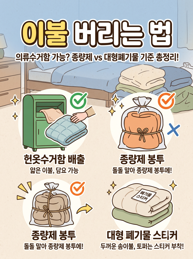 이불 버리는 법 완벽 정리: 의류수거함 가능할까? 종량제 vs 대형폐기물 기준 총정리