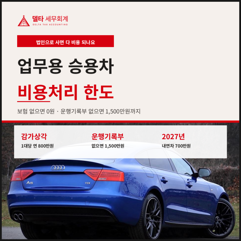 [세무정보] 업무용 승용차 비용처리 한도 정리｜운행기록부 1,500만원과 감가상각 800만원, 업....