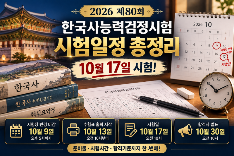 2026 한능검 80회 시험일정 총정리｜10월 9일 시험장 변경 마감! 수험표·준비물·합격발표까지