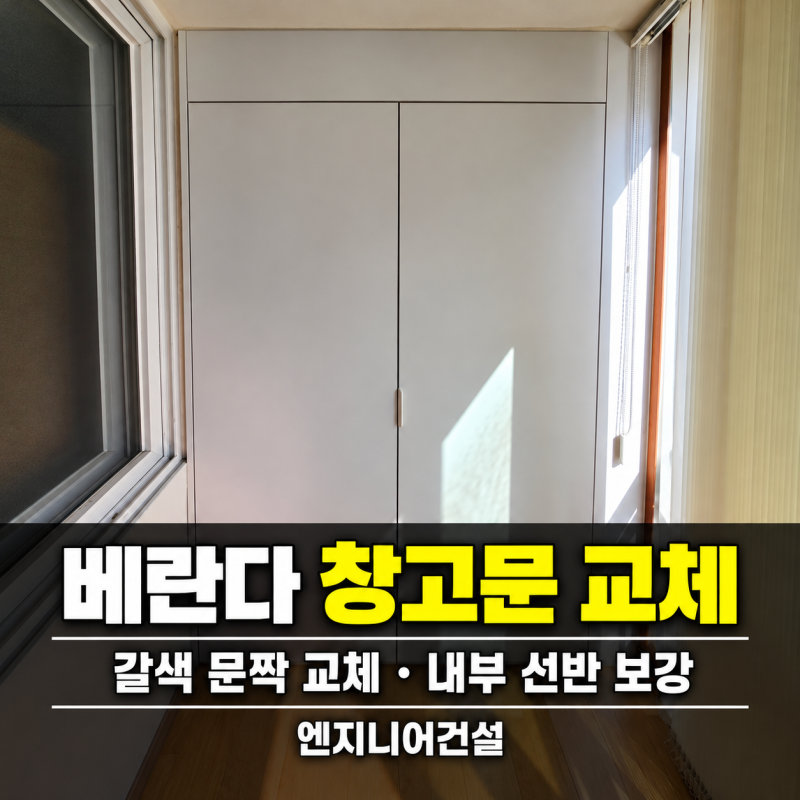 수원 베란다 창고문 교체｜갈색 문짝을 흰색으로, 선반까지 보강