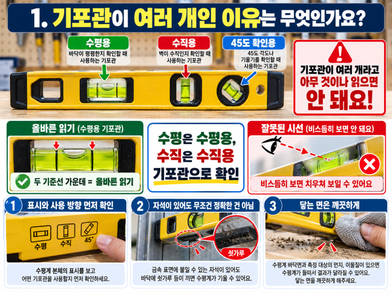 수평계 사용방법 기포 읽기와 수평 수직 확인 순서