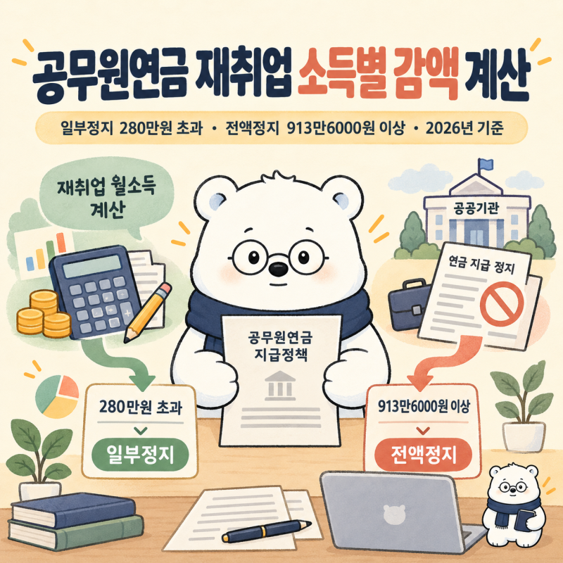공무원연금 재취업 소득별 감액 계산 2026년 소득월액이 얼마를 넘으면 깎일까?