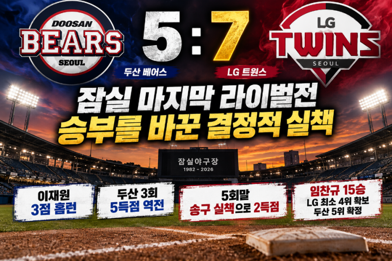두산 LG 7대5, 잠실 마지막 라이벌전에서 두산이 무너진 결정적 순간