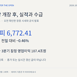 10월 8일 한국 증시 개장 후｜코스피 6,772선, 삼성전자 107.4조 실적과 수급 점검