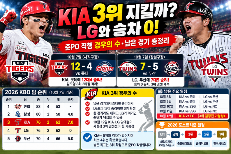 KIA 3위 지킬까? LG와 승차 0, 준PO 직행 경우의 수·남은 경기 총정리