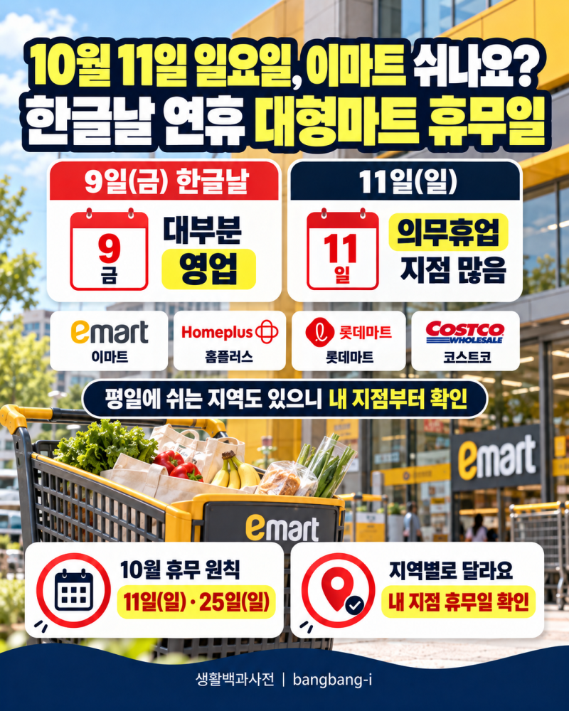 10월 11일 일요일 이마트 쉬나요? 한글날 연휴 대형마트 휴무일 | 이마트·홈플러스·롯데마트....