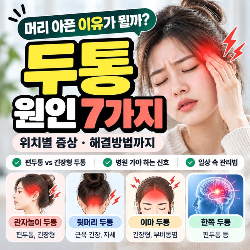 두통 원인 7가지와 해결 방법｜관자놀이·뒷머리·이마가 아픈 이유