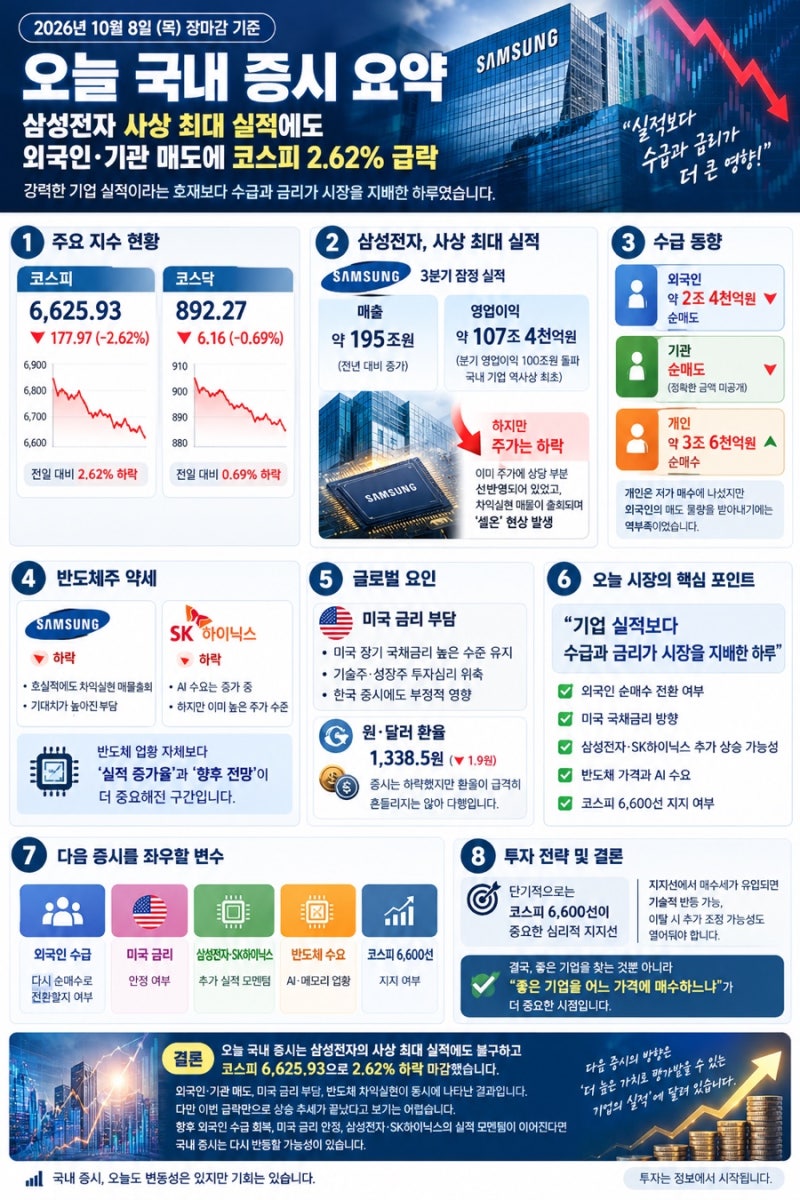 오늘 국내 증시 총정리｜삼성전자 107조 실적에도 코스피 2.62% 급락