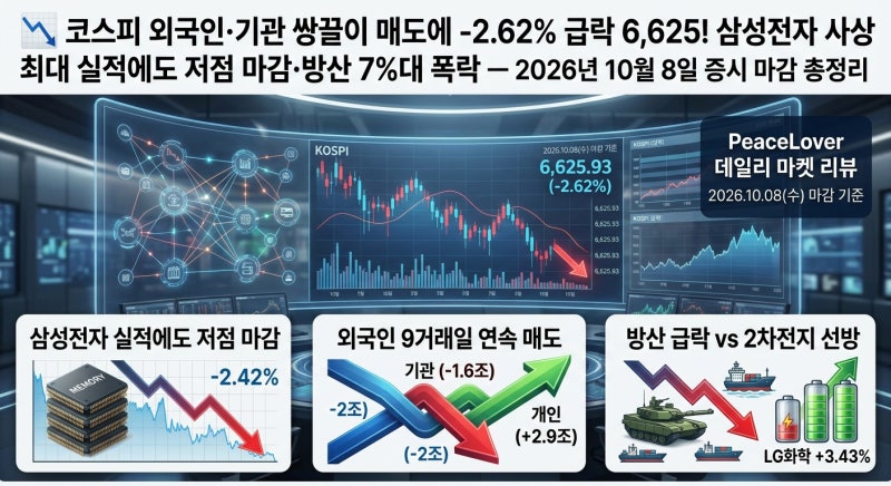 코스피 외국인·기관 쌍끌이 매도에 -2.62% 급락 6,625! 삼성전자 사상 최대 실적에도 저점 마감....