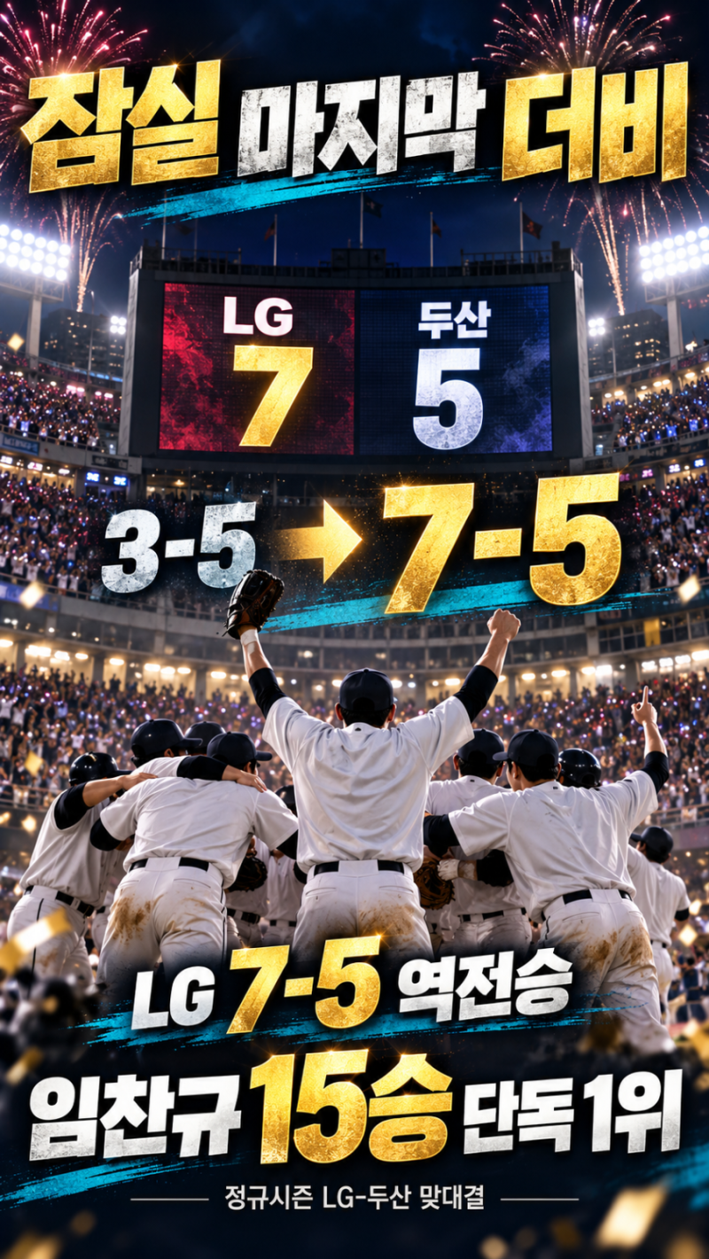 잠실 마지막 더비 LG가 웃었다…두산에 7-5 역전승, 임찬규 ‘15승’ 단독 선두