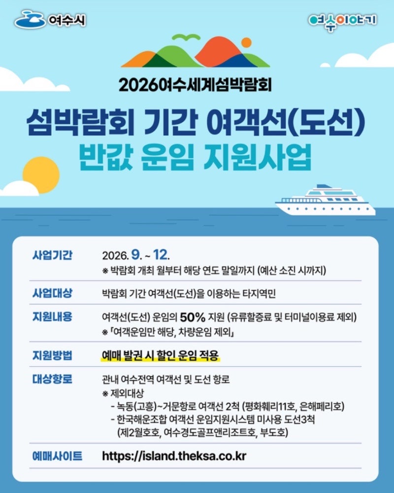 여수 섬 여객선 반값 할인 12월까지｜금오도·개도 배편 50% 지원 조건