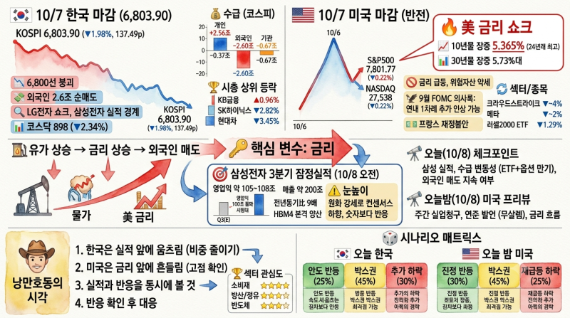 [10/7 한·미 마감시황 + 10/8 프리뷰] 코스피 6,803 하락, 美 10년물 5.36% 발작…삼성전자 '영업익 1....