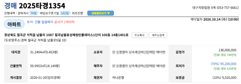 경북 칠곡 아파트 경매 남율 효성해링턴플레이스1단지 9천만원대 2025타경1354 사진 3