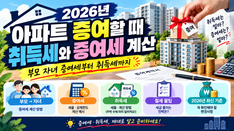 2026년 아파트 증여할 때 취득세와 증여세 계산｜부모 자녀 증여세부터 취득세까지