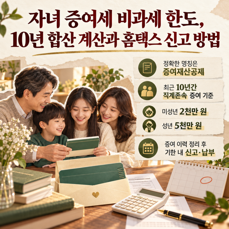 자녀 증여세 비과세 한도, 10년 합산 계산과 홈택스 신고 방법