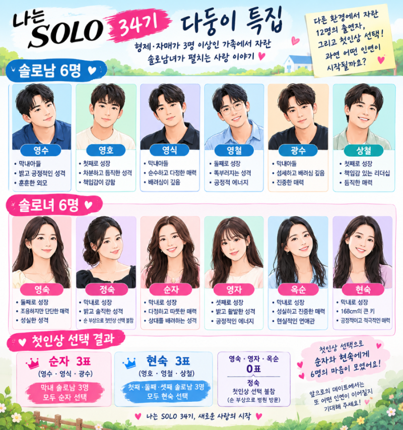 나는 솔로 34기 첫인상 결과, 순자와 현숙에게 3표씩 몰렸다