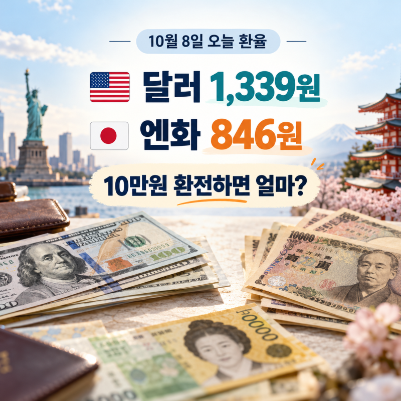 10월 8일 오늘 환율, 달러 1,339원·엔화 846원…10만원 환전하면 얼마?