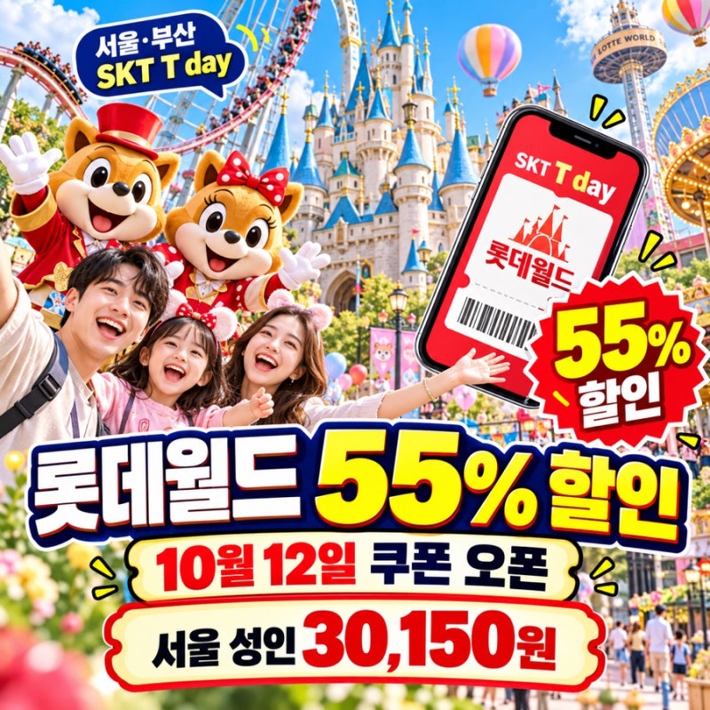 롯데월드 55% 할인받는 법 총정리! 10월 12일 SKT 쿠폰 발급·서울 부산 입장료·동반인 혜택