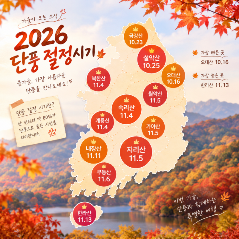 2026 올해 단풍 절정시기는 언제? 단풍구경 전 꼭 확인하세요! 설악산·내장산·한라산 단풍 시....