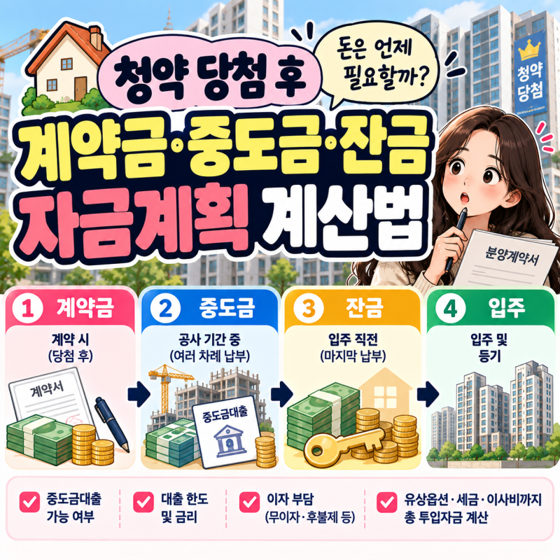 청약 당첨 후 돈은 언제 필요할까｜계약금·중도금·잔금 자금계획 계산법