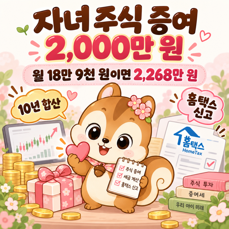 자녀 주식 증여 2,000만 원 비과세 총정리: 증여세 신고 방법(홈택스), 10년 합산 규칙, 월 18만 9....