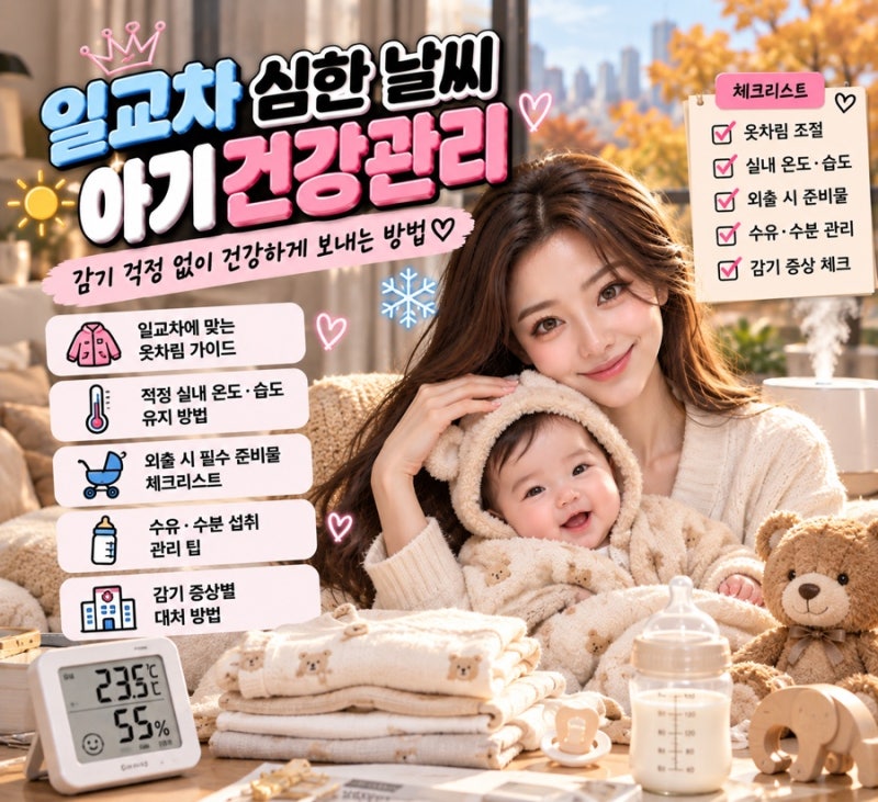 일교차 심한 날씨, 아기 건강관리 7가지｜환절기 감기·코막힘·실내 온습도 관리법