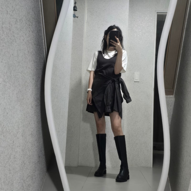 롱부츠 코디, 코스 원피스에 셔츠를 걸치고 묶어봤다