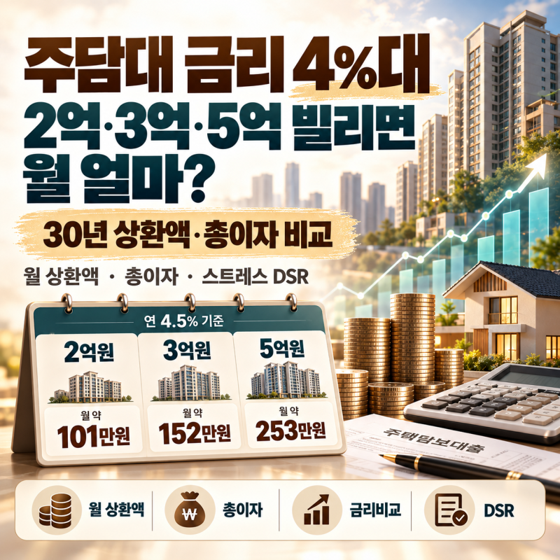 주담대 금리 4%대, 2억·3억·5억 빌리면 월 얼마? 30년 상환액·총이자 비교