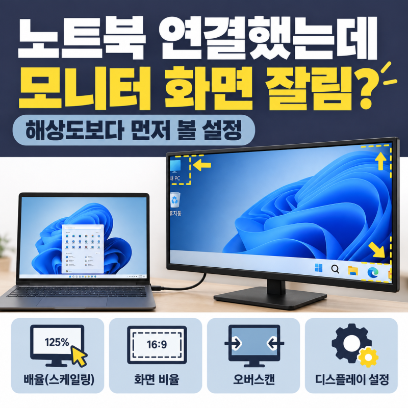 모니터를 노트북에 연결했는데 화면이 잘릴 때, 해상도보다 먼저 볼 설정