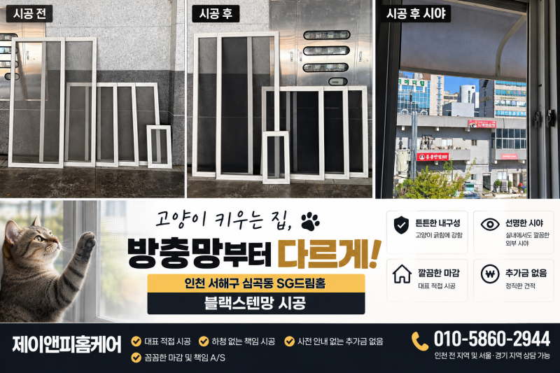 고양이 키우는 집, 일반 방충망 괜찮을까요? 인천 심곡동 블랙스텐망 시공