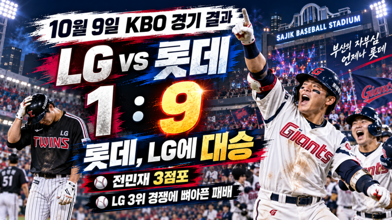 10월 9일 KBO 경기 결과｜KIA 3위 굳히기·LG 롯데에 1-9 패배·SSG 홈 최종전 승리