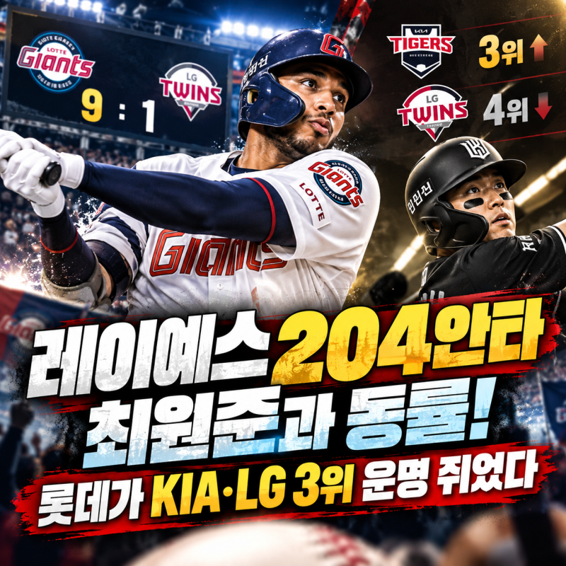 레이예스 204안타 최원준과 동률! 롯데가 KIA·LG 3위 운명 쥐었다