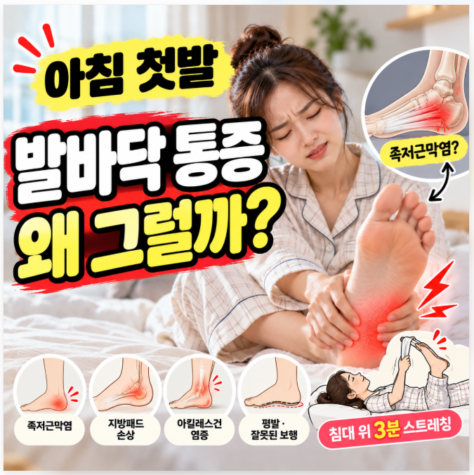 아침 첫발 발바닥 통증 원인 4가지｜족저근막염 증상 구별과 침대 위 3분 스트레칭