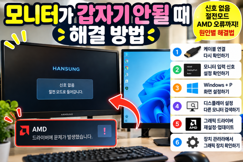 듀얼 모니터 갑자기 안 나올 때, DP 신호 없음·AMD 그래픽 오류 해결 방법