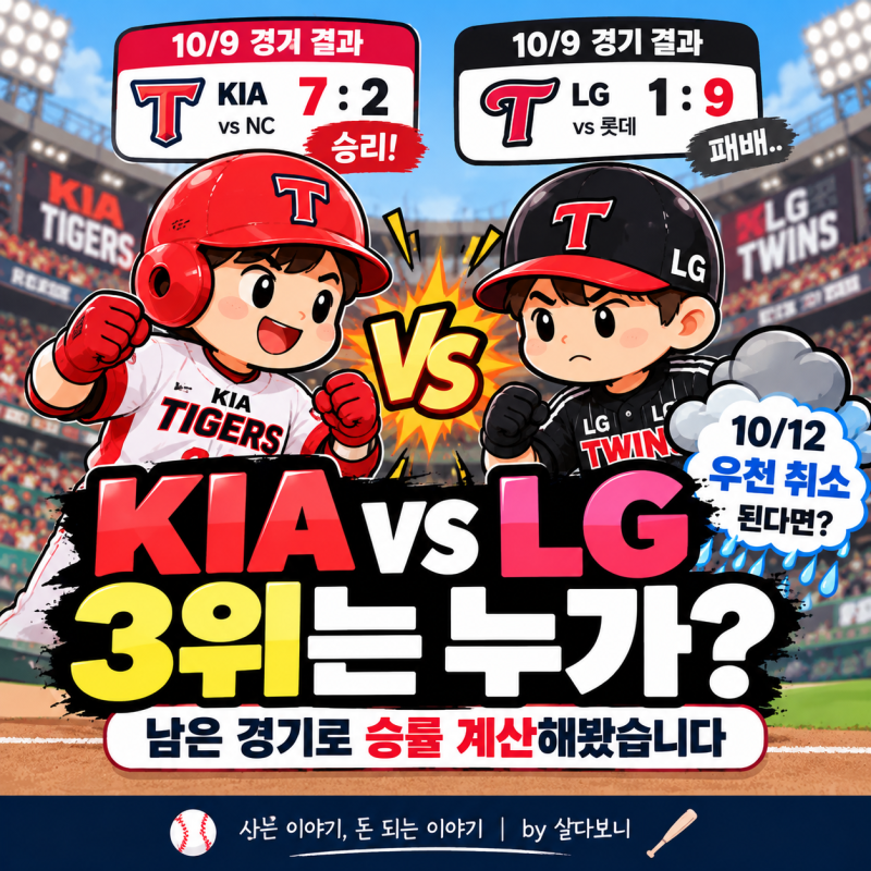 KIA 3위 확정까지 몇 승 남았을까? LG와 최종 승률 비교, 우천 취소 변수까지