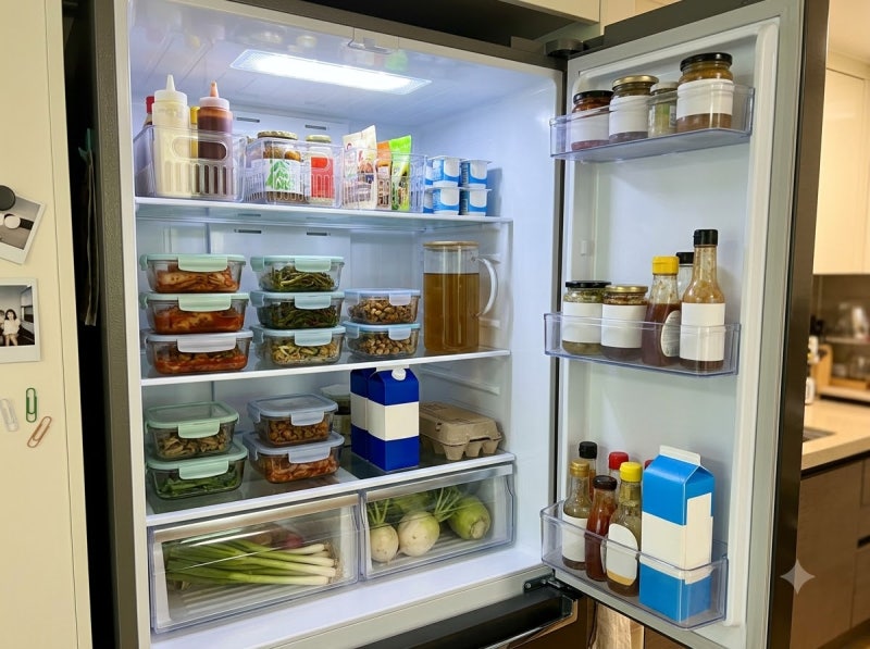 다이소 냉장고 정리템, 칸마다 꽉 채우셨나요? 70%만 채워야 덜 상하고 찾기도 쉬워요