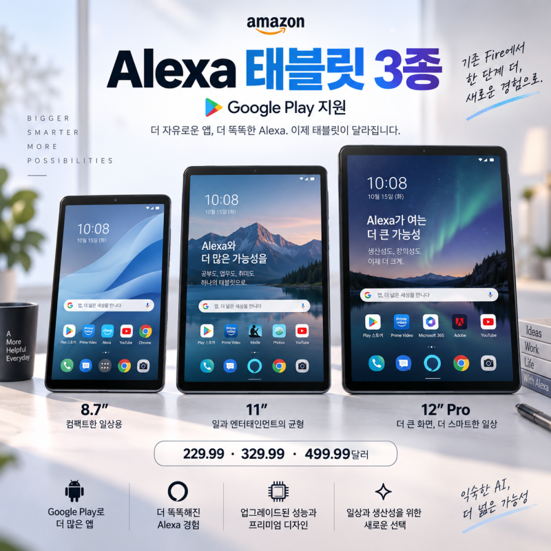 아마존 Alexa 태블릿 3종 가격 비교｜구글 플레이 지원, Fire 태블릿과 달라진 점