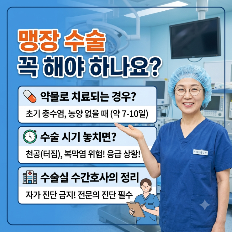 맹장 수술 꼭 해야 하나요? 약으로 치료되는 경우와 수술 시기, 수술실 수간호사가 정리했어....