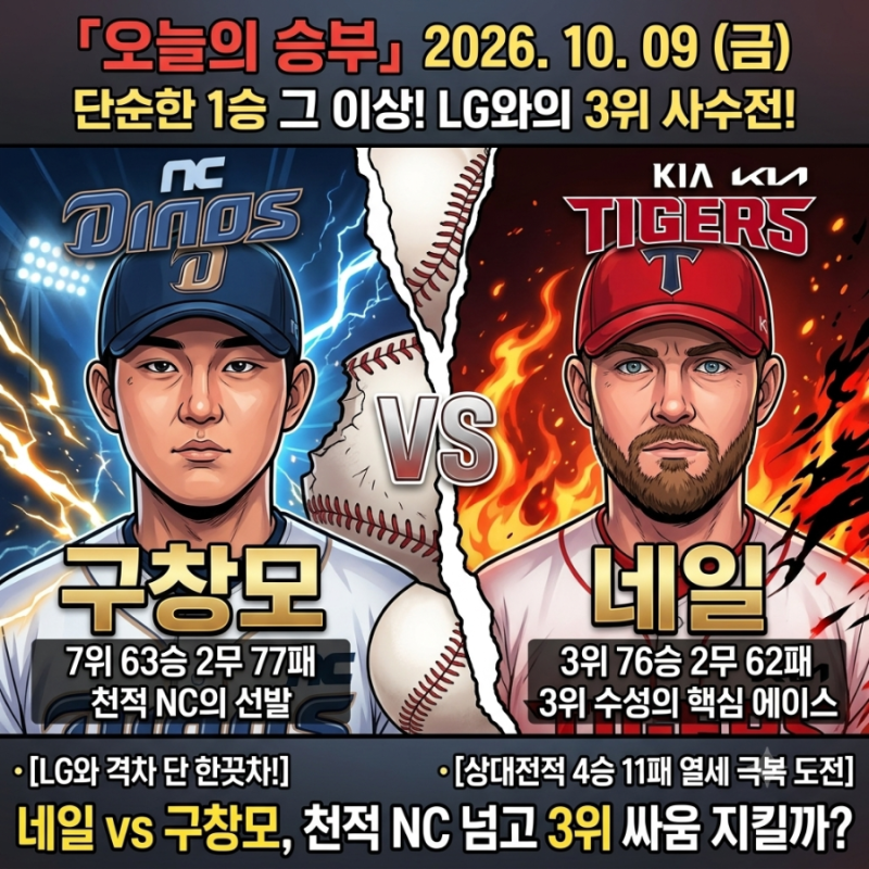 2026년 10월 9일 KIA NC 경기 분석 프로야구 네일 vs 구창모, 천적 NC 넘고 LG와 3위 싸움 지킬까?