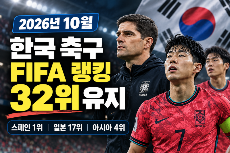 모레노호 한국 축구 FIFA 랭킹 32위 유지, 스페인 1위·일본 17위·아시아 4위 (+랭킹산정방식)