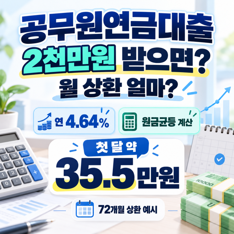 공무원연금대출 2천만원 받으면 월 상환 얼마?｜4.64% 원금균등 계산